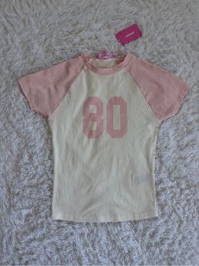 Edikted Girls Pink & Cream Raglan '80' Tee extra small